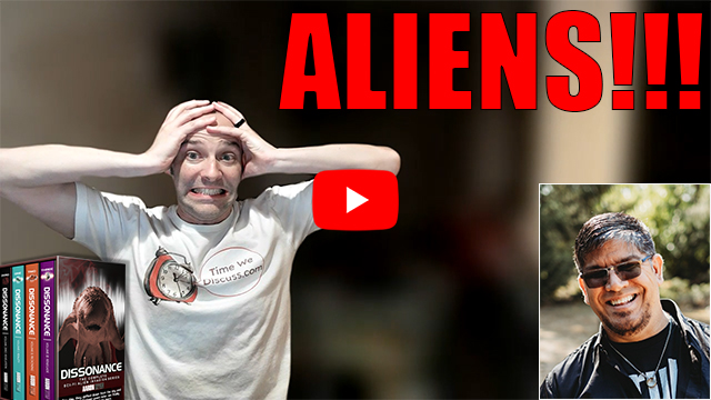 ALIENS!; Host of Time We Discuss is looking stressed. To the side is a picture of guest Aaron Ryan.